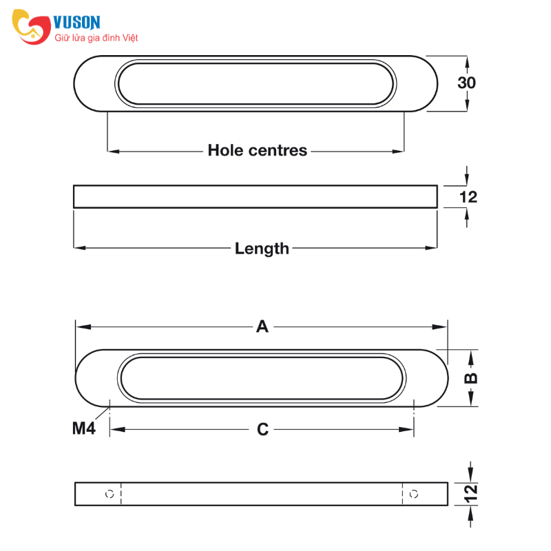 Tay nắm tủ 196x30mm Chrome bóng Hafele Déco H1315 - 110.34.216