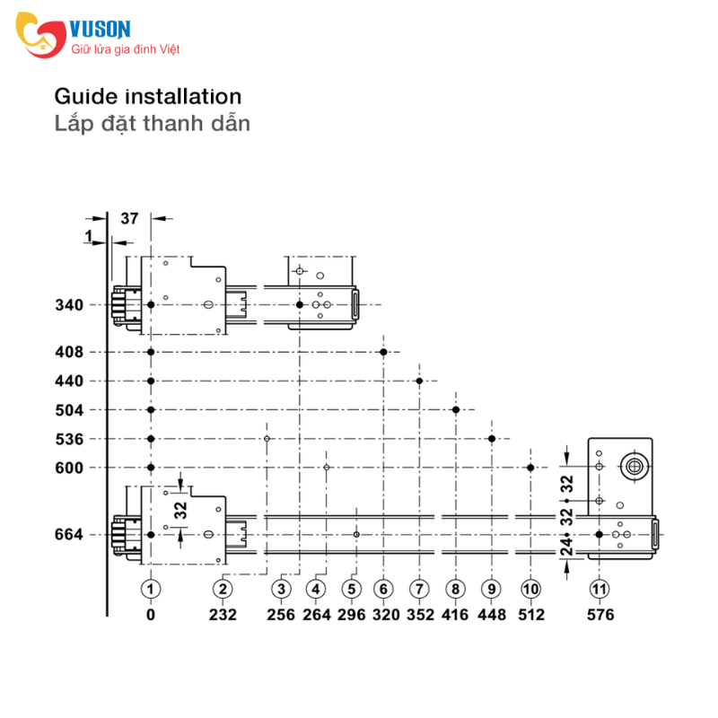 Phụ kiện cửa trượt xoay ray Slido F-PARK71 16A 664mm Hafele - 408.25.365