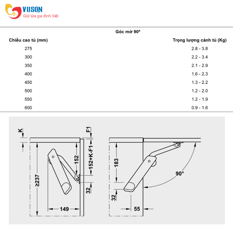 Tay nâng đơn Free Flap H1.5 D màu xám bên phải Hafele - 493.05.346