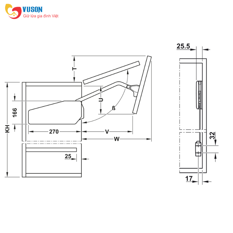 Tay nâng đôi Free Fold Short D3fs nắp xám Hafele - 493.05.730