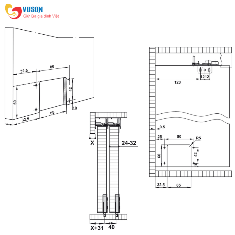 Bộ phụ kiện cửa lùa 3 cánh 26-32mm Hafele Slido Classic 50 IF - 401.30.005