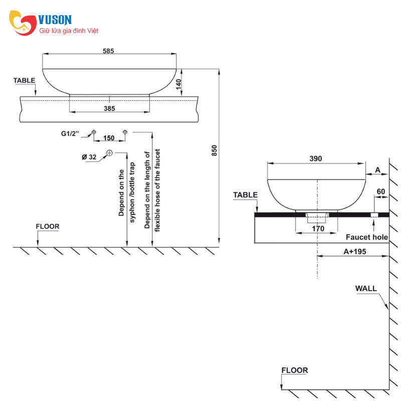 Chậu sứ đặt bàn Hafele Kobe 585x390x175 - 588.79.030