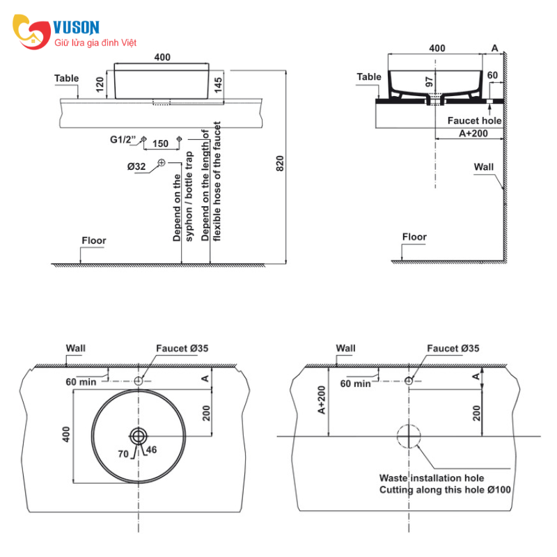 Chậu sứ đặt bàn Hafele Vigor 400x145 - 588.79.060