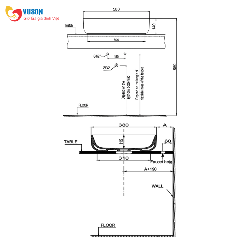 Chậu sứ đặt bàn Hafele Vigor 580x380x140 - 588.79.077