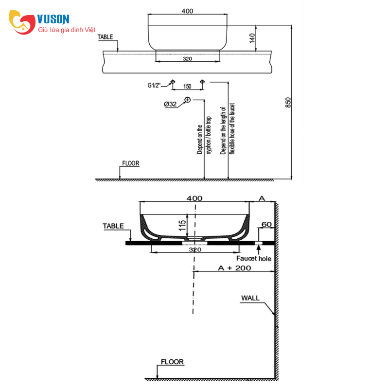 Chậu sứ đặt bàn Hafele Kobe 400x400x140 - 588.79.078