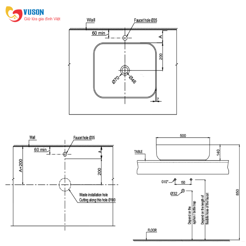 Chậu sứ đặt bàn Hafele Kobe 500x400x140 - 588.79.079