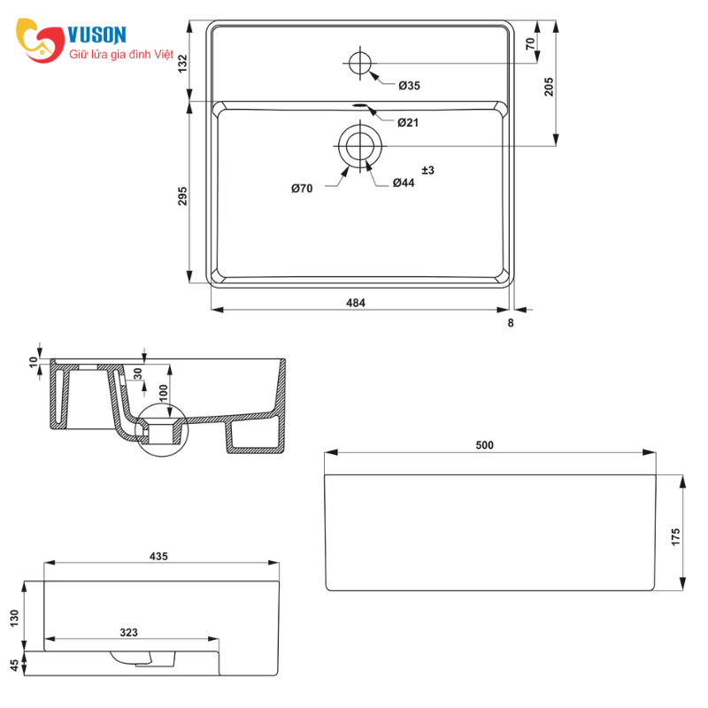 Chậu sứ đặt bàn Hafele Regal 500X435X175 - 588.79.080