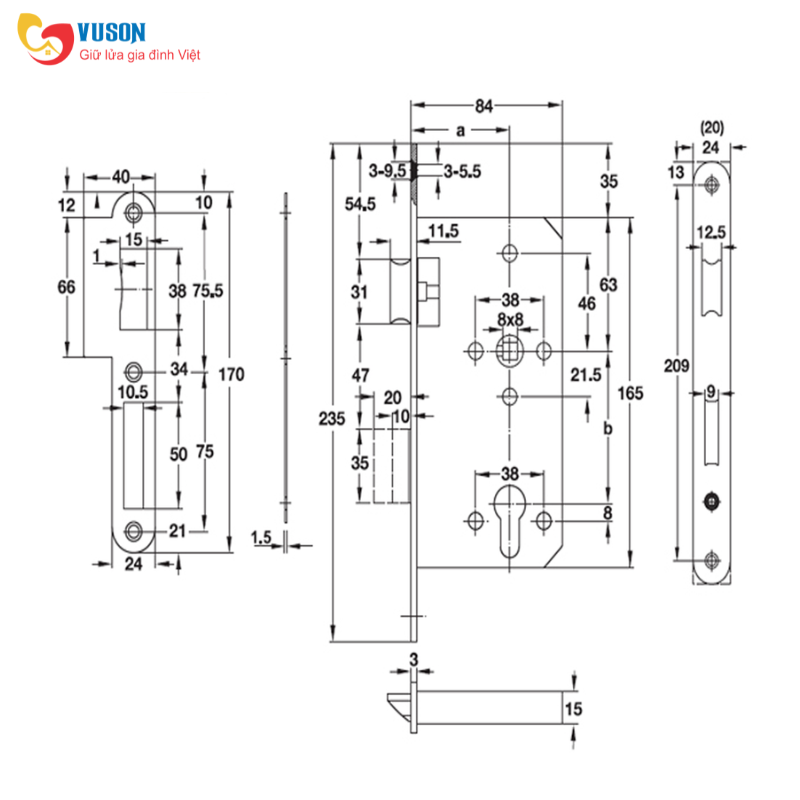 Thân Khóa Lưỡi Gà & Chốt Chết E55/72A Hafele 911.02.153
