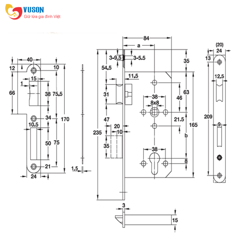 Thân Khóa Lưỡi Gà và Chốt Chết E55/72A Hafele - 911.25.100
