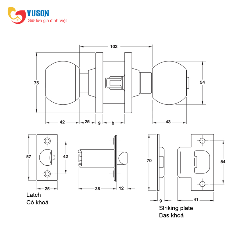 Khoá tay nắm tròn cửa phòng loại lớn BS 60mm Hafele - 911.64.266