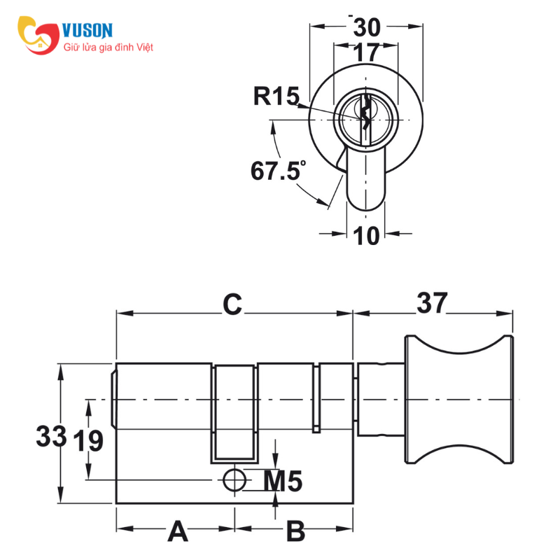 Ruột khoá đầu vặn đầu chìa 61mm Graphite Black Hafele - 916.63.321