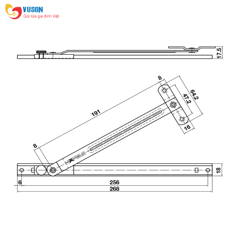 Thanh hạn vị 10.5 cửa nhôm 268mm Hafele - 972.05.412