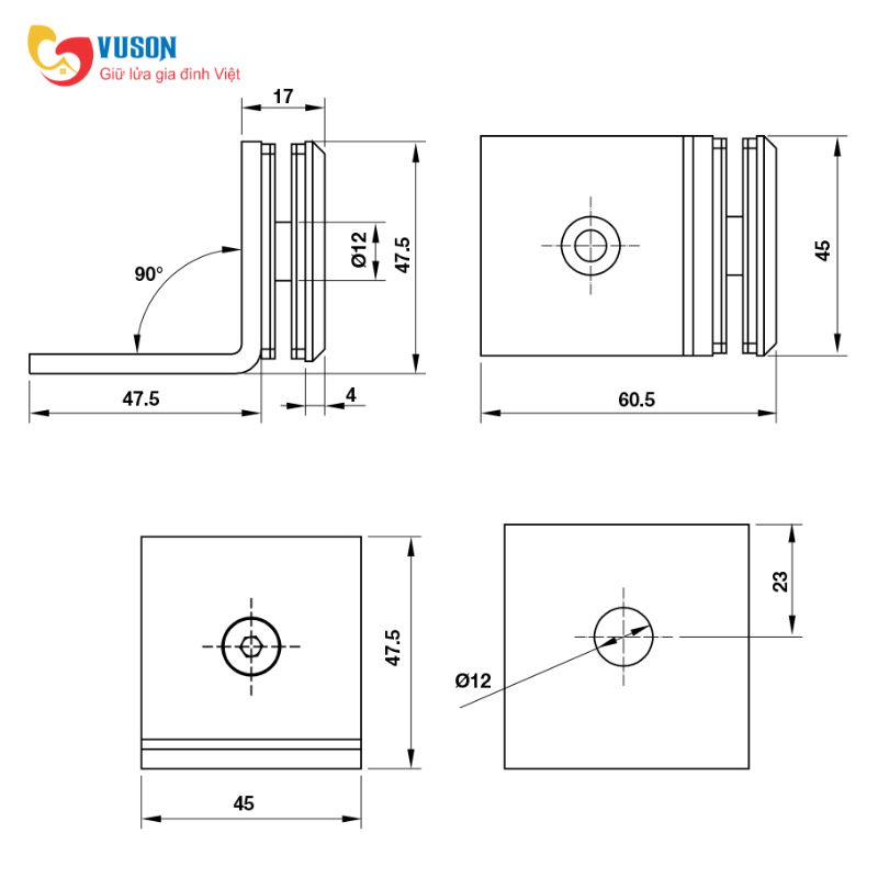 Kẹp kính tường 90º nhà tắm có đế đen PVD Hafele - 981.77.911