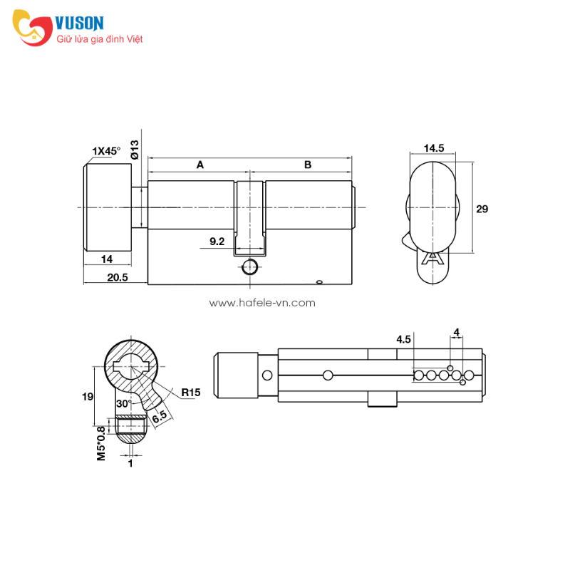 Ruột khóa đầu vặn đầu chìa màu đồng 65mm Hafele - 489.56.005