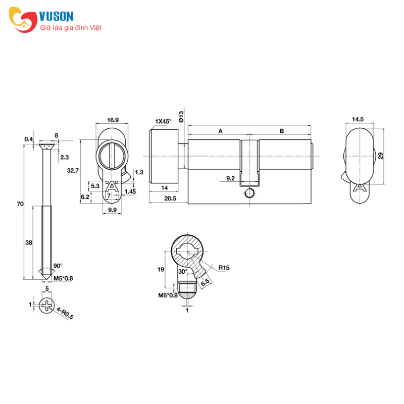 Ruột khóa WC 60mm màu nicken mờ Hafele - 489.56.006