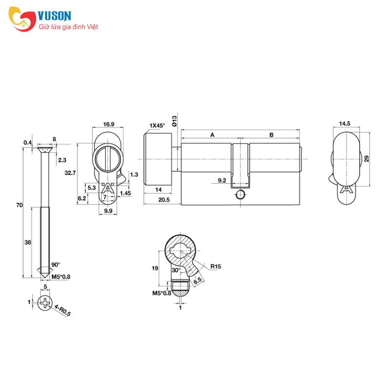 Ruột khóa WC 65mm màu đồng bóng Hafele - 489.56.008