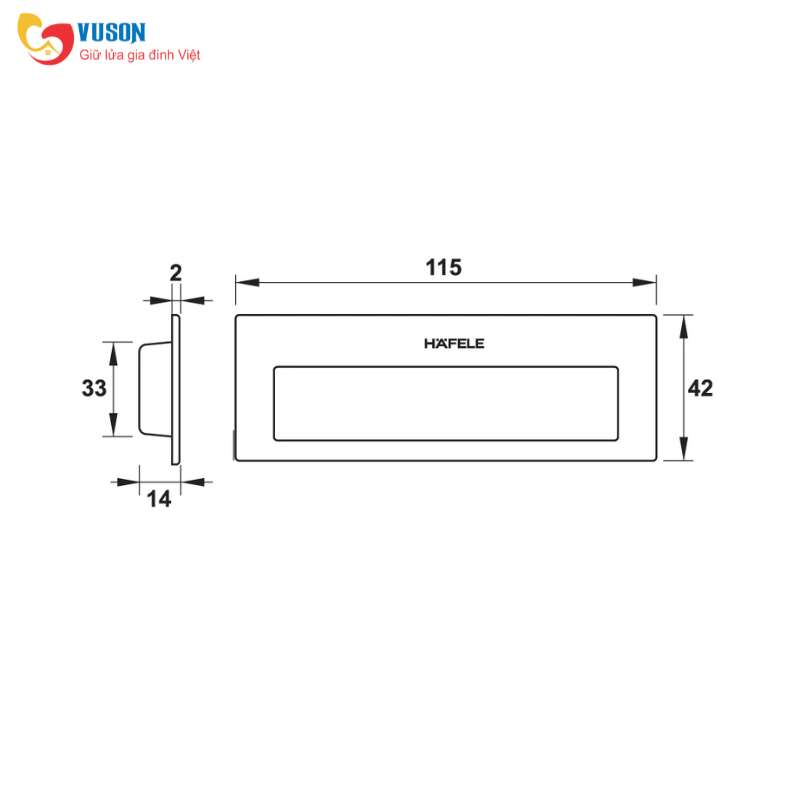 Tay nắm âm cho cửa trượt góc vuông 115x42mm đồng bóng PVD Hafele - 489.72.140
