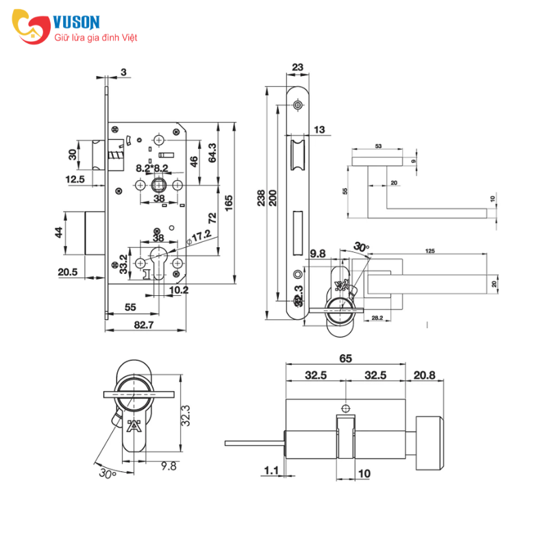 Bộ khoá tay nắm gạt nắp chụp vuông Hafele - 499.63.803