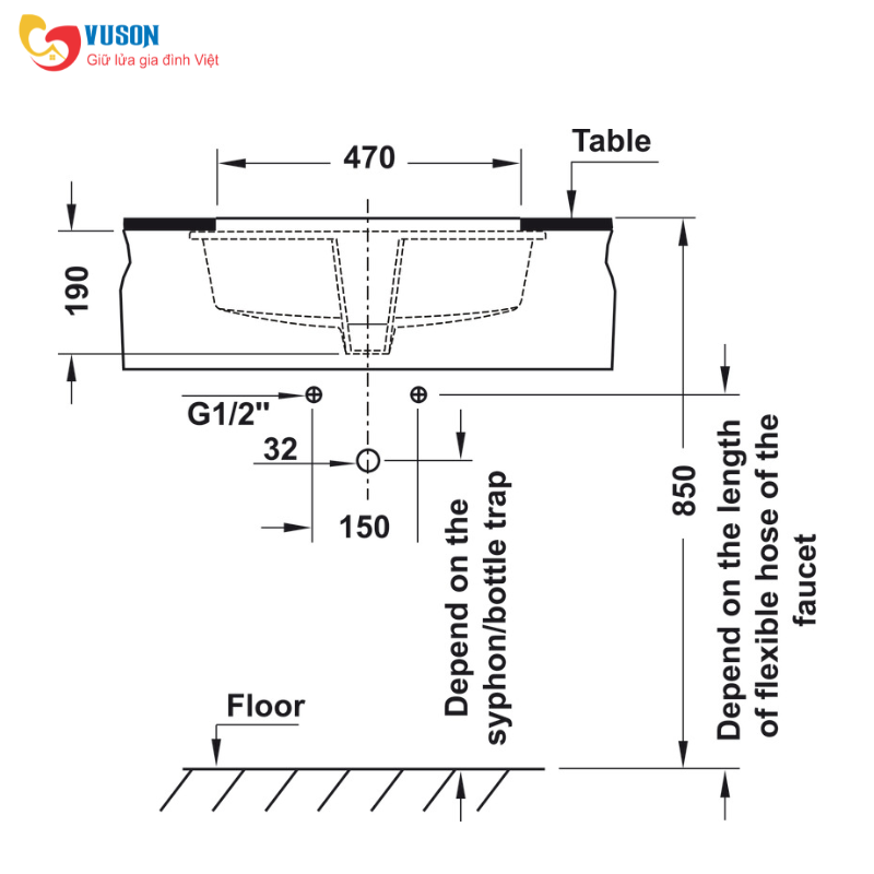 Chậu sứ âm bàn Hafele Sapporo 545x350x190 - 588.79.014