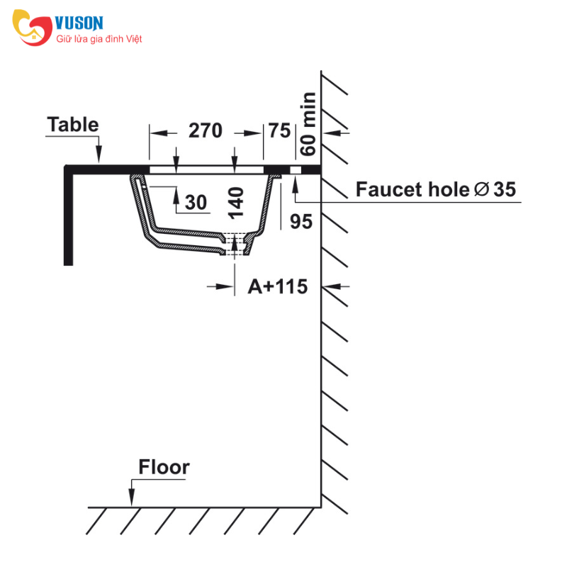 Chậu sứ âm bàn Hafele Sapporo 545x350x190 - 588.79.014