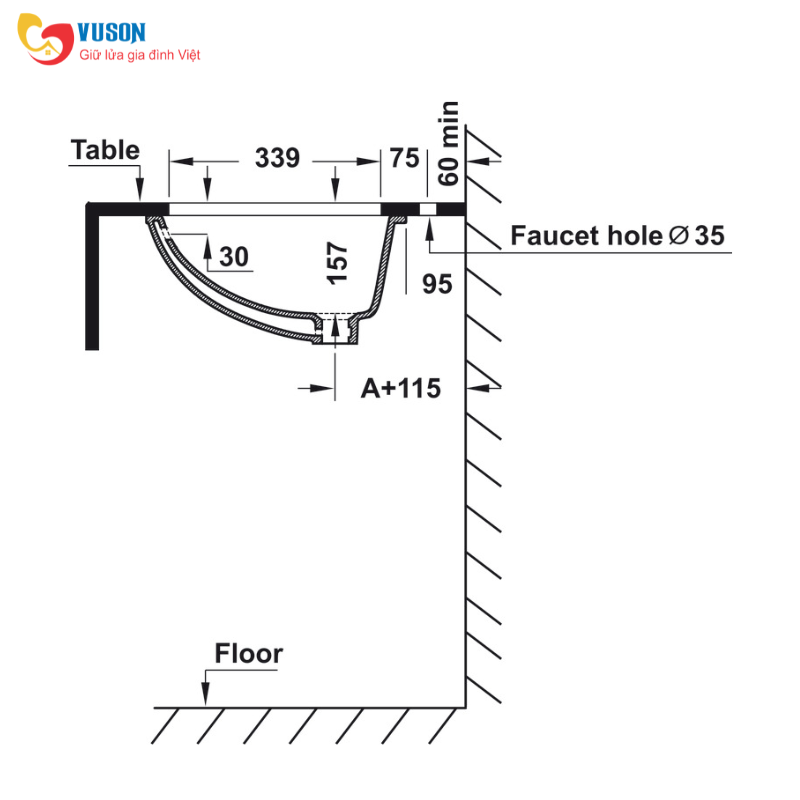 Chậu sứ âm bàn Hafele Sapporo 570x415x205 - 588.79.015