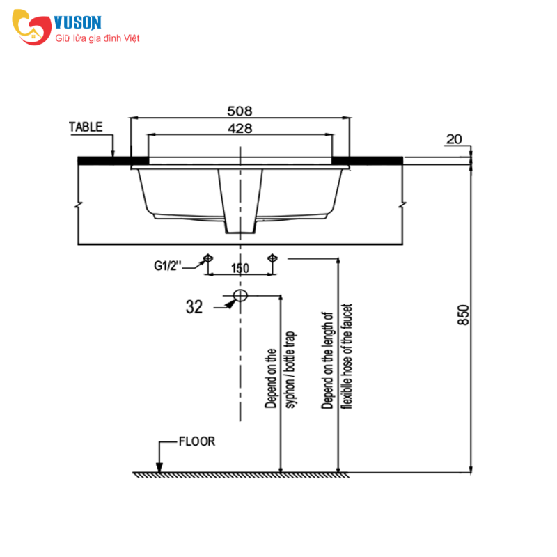 Chậu sứ âm bàn Hafele Sapporo 508x390x185 - 588.79.120