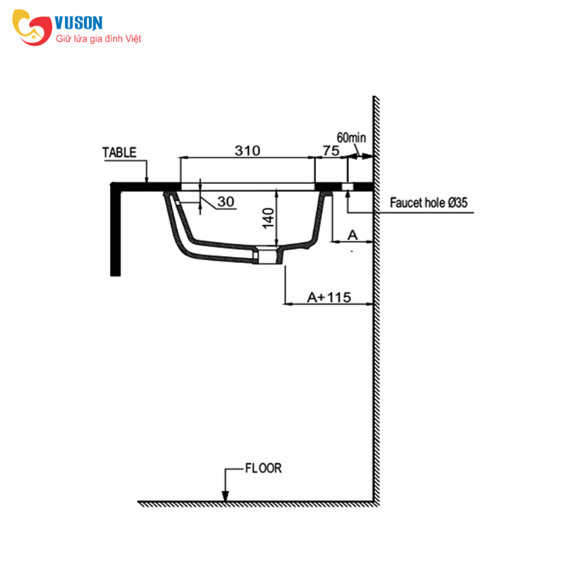 Chậu sứ âm bàn Hafele Sapporo 508x390x185 - 588.79.120