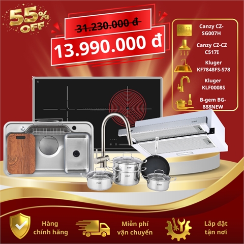 Combo 5: Bếp điện từ + Hút mùi + Chậu + Vòi + Bộ nồi