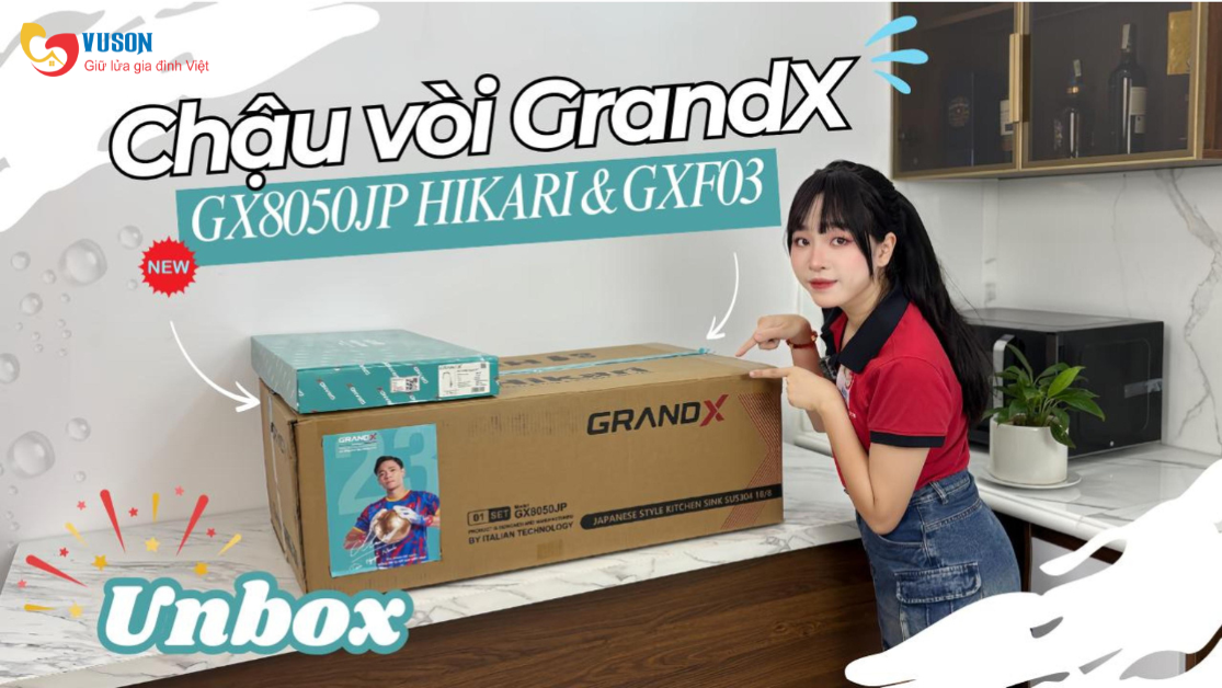 Bộ chậu vòi GrandX GX8050JP HIKARI và GXF03 – Giải pháp hoàn thiện không gian bếp hiện đại