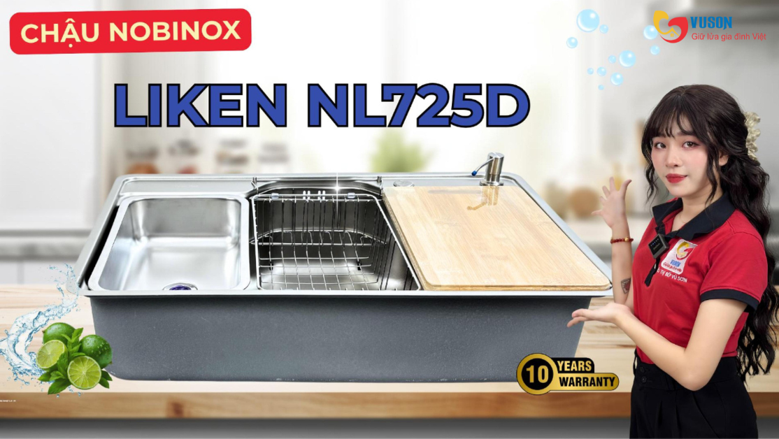 Chậu rửa bát Nobinox LIKEN NL725D–Thiết kế sang trọng, bền bỉ, tối ưu trải nghiệm gian bếp hiện đại