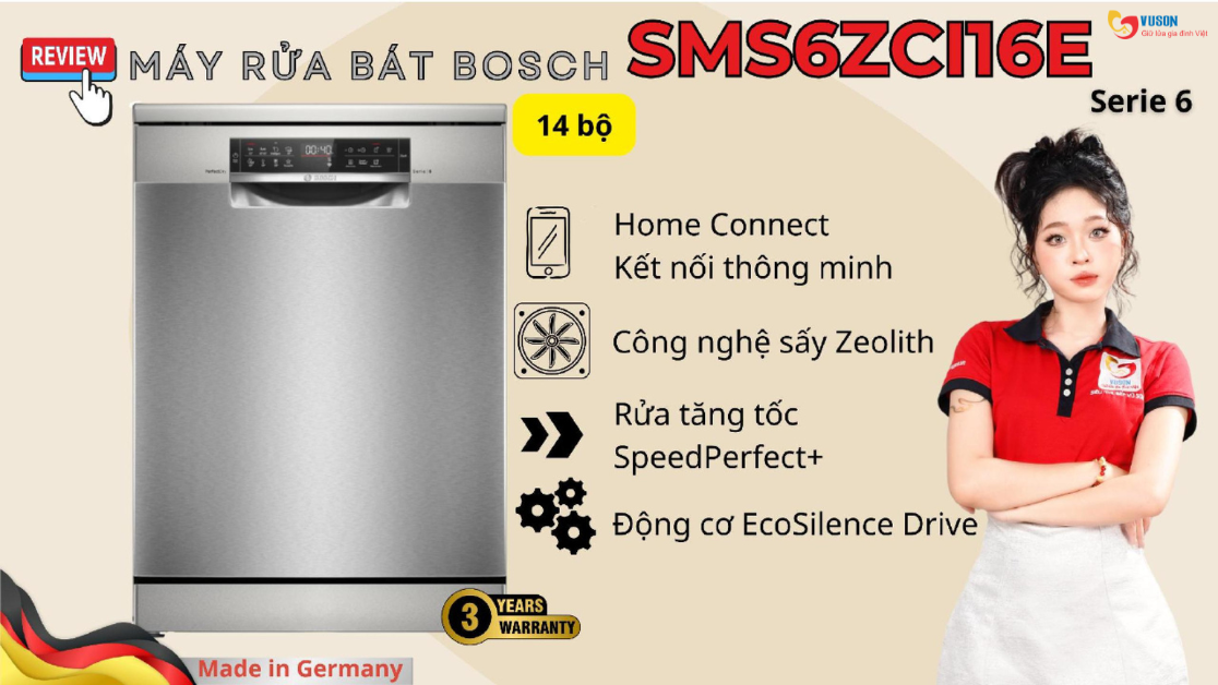 Máy rửa bát Bosch SMS6ZCI16E nhập khẩu Đức – Sấy Zeolith 40dB siêu êm, tiết kiệm vượt trội