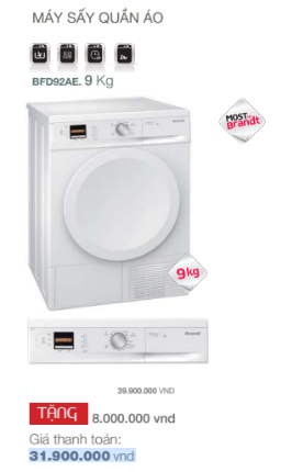 máy sấy quần áo Giảm 8 triệu đồng khi mua máy sấy quần áo Brant BFD92AE