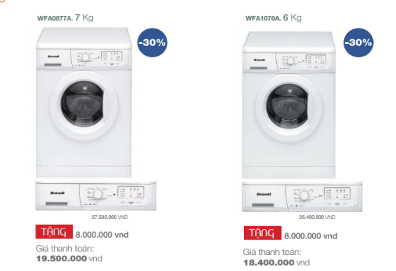 máy giặt brandt Brandt giảm giá lớn nhiều model máy giặt, giá chỉ dưới 20 triệu đồng
