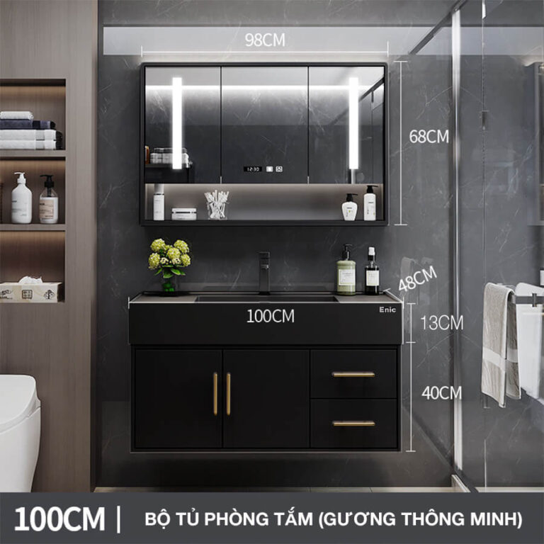 Tủ phòng tắm thông minh Enic T03 (100cm - Gương thông minh màu đen)