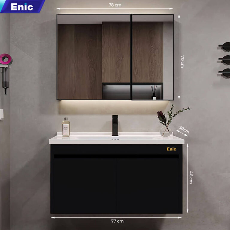 Tủ phòng tắm thông minh Enic ST01 nhôm (80cm - Gương thường màu đen)