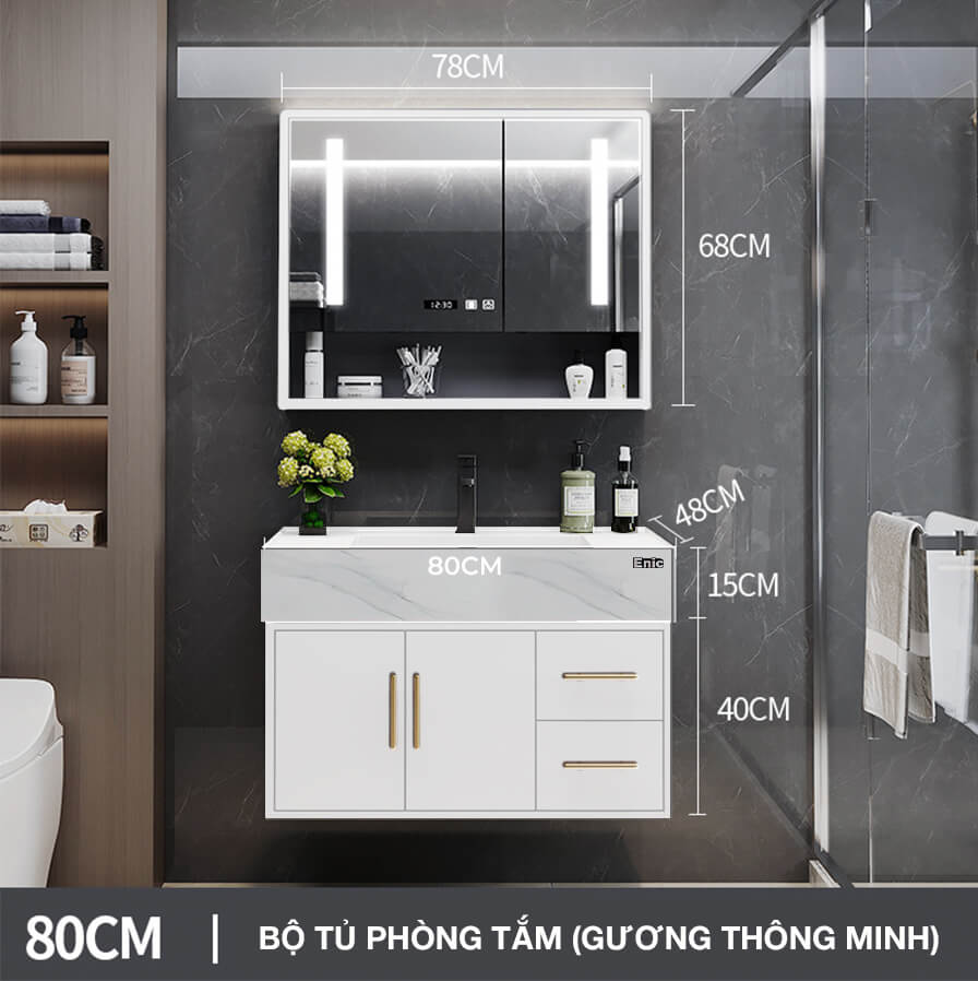 Tủ phòng tắm thông minh Enic T03 (80cm - Gương thông minh màu trắng)