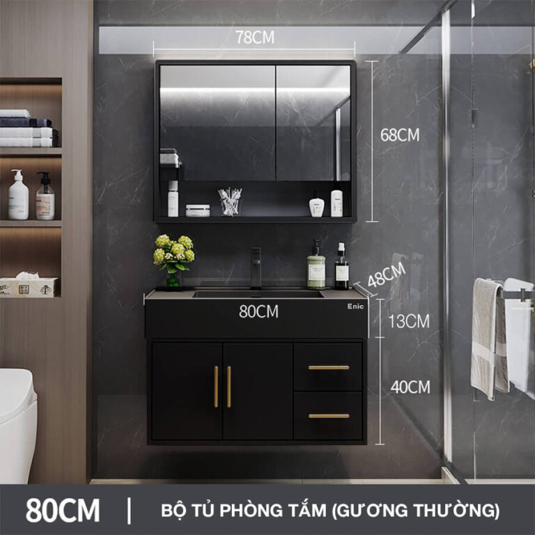 Tủ phòng tắm thông minh Enic T03 (80cm - Gương thường màu đen)