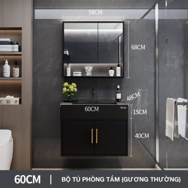 Tủ phòng tắm Enic T03 (60cm - Gương thường màu đen)