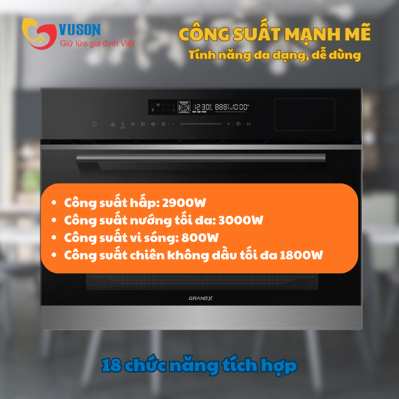 Lò nướng âm tủ tích hợp lò hấp, lò vi sóng, nồi chiên không dầu 4 trong 1 GrandX GX50MOS7