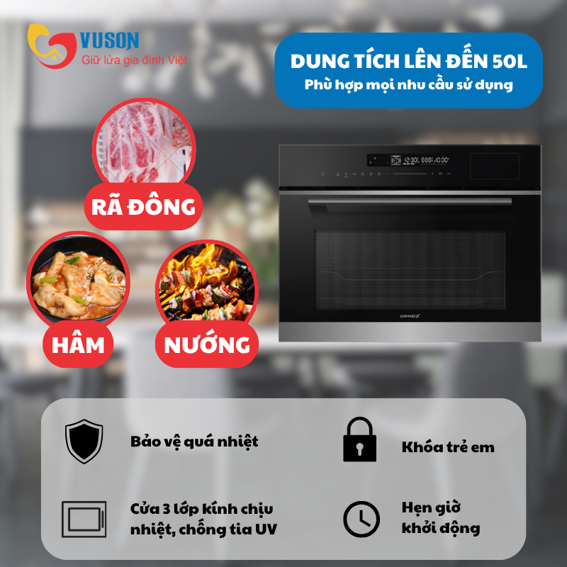 Lò nướng âm tủ tích hợp lò hấp, lò vi sóng, nồi chiên không dầu 4 trong 1 GrandX GX50MOS7
