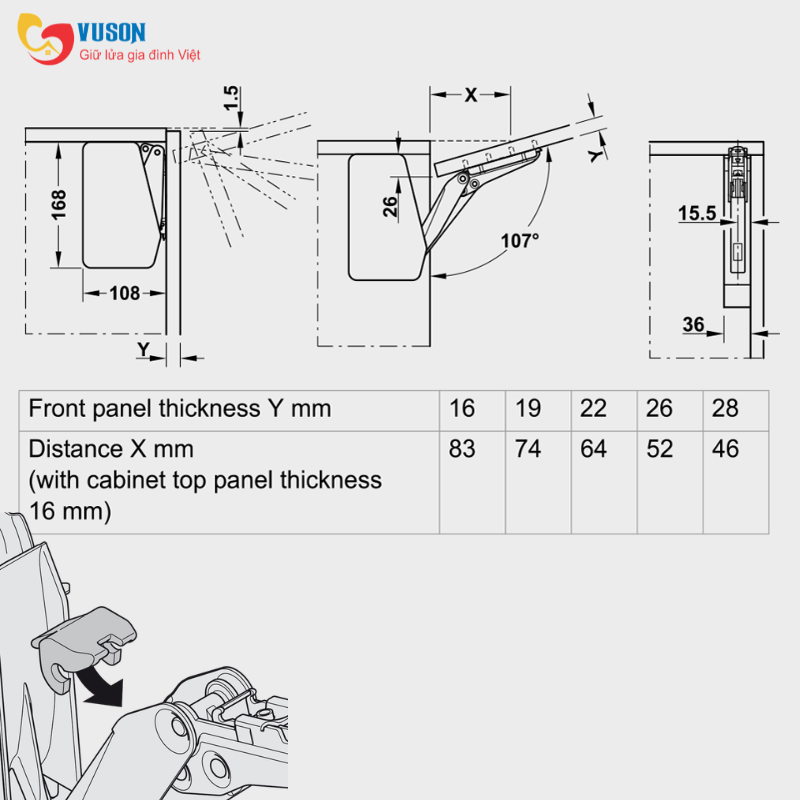Bộ tay nâng Free Flap 1.7 màu trắng Hafele - 493.05.820