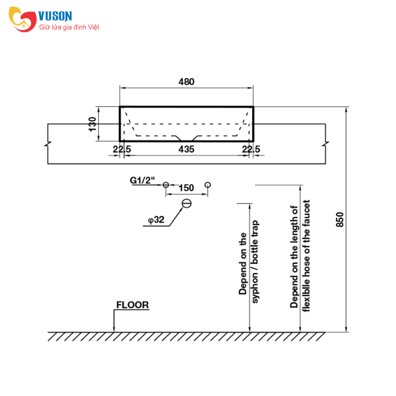 Chậu sứ bán âm Hafele 480x370x130 - 588.44.041