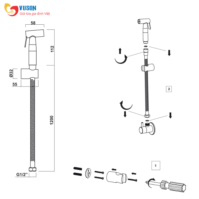 Vòi xịt vệ sinh gồm giá đỡ 125cm màu đen Hafele - 589.25.985