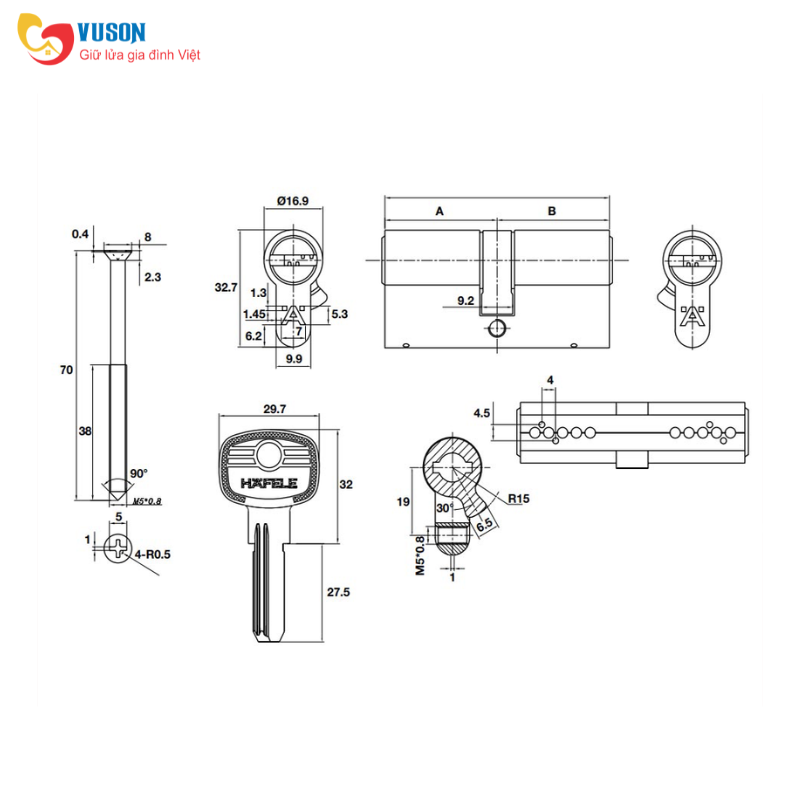 Ruột khoá 2 đầu chìa màu đồng bóng 65mm Hafele - 489.56.002