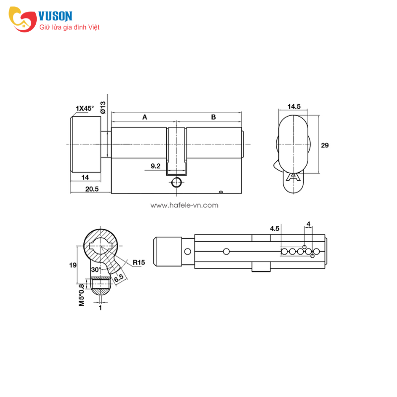 Ruột khoá đầu vặn đầu chìa 71mm. Hafele - 489.56.004