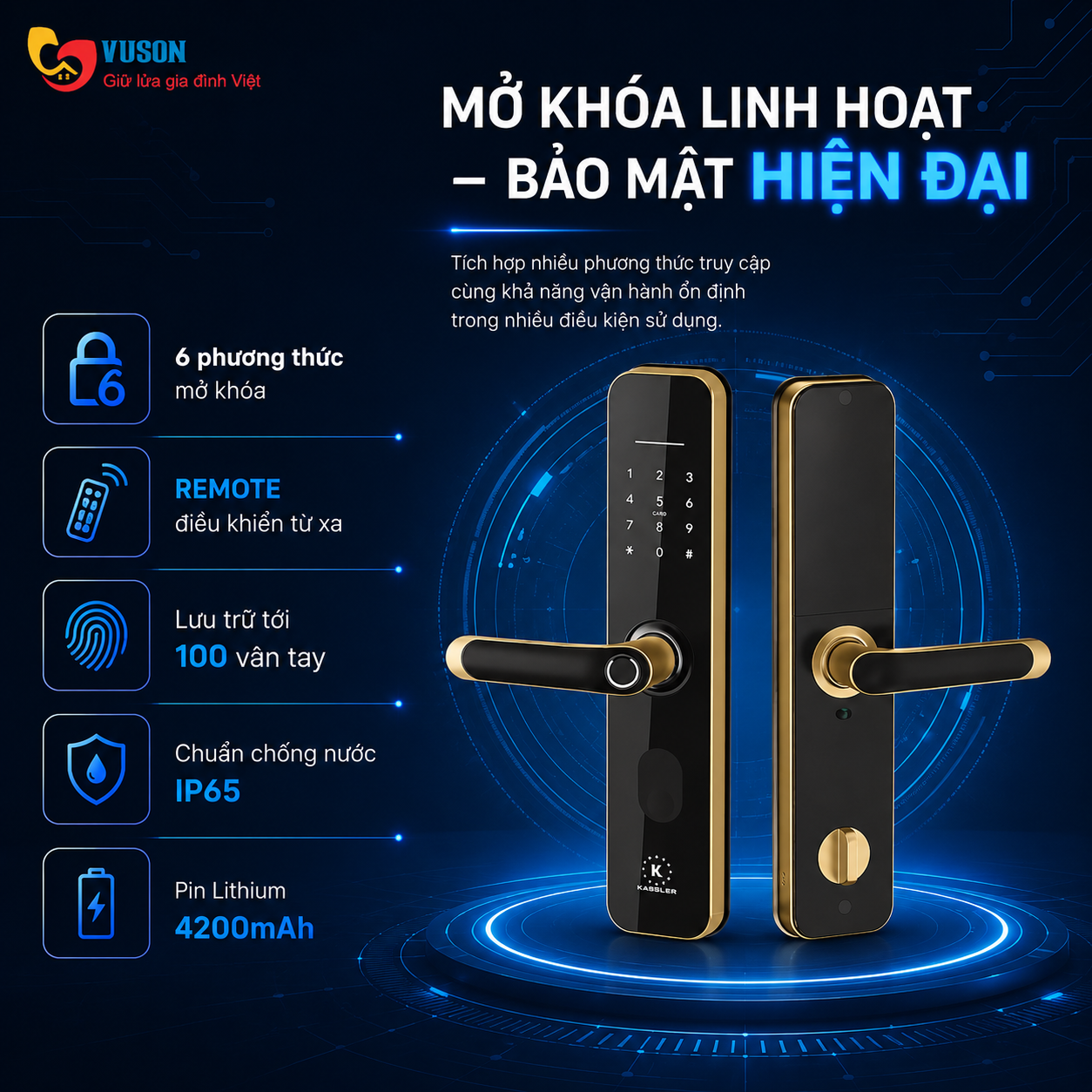 Khóa vân tay Kassler KL-696 Gold REMOTE