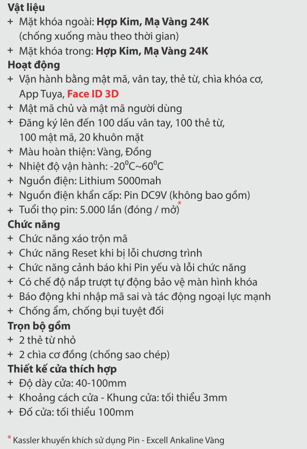 thông số Khóa cửa vân tay đại sảnh Kassler KL-929 F