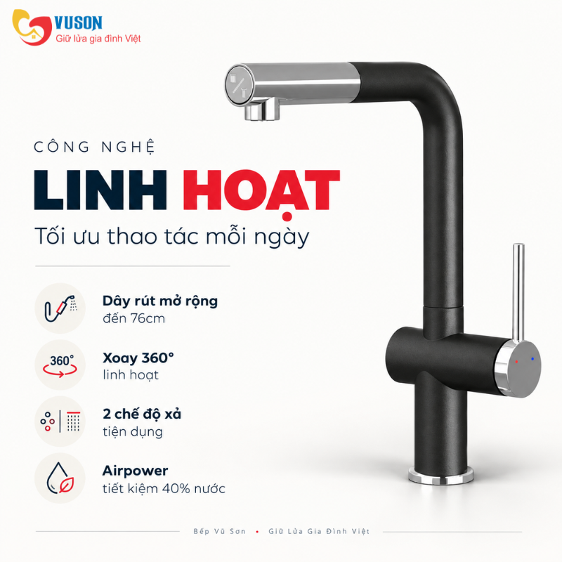Vòi rửa bát dây rút Konox Stream Smart Black