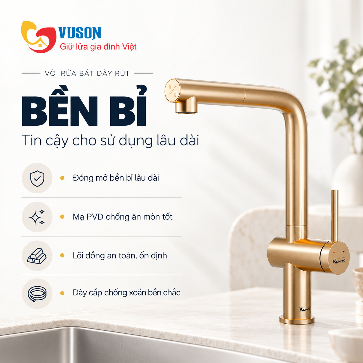 Vòi rửa bát dây rút Konox Stream Smart Champagne