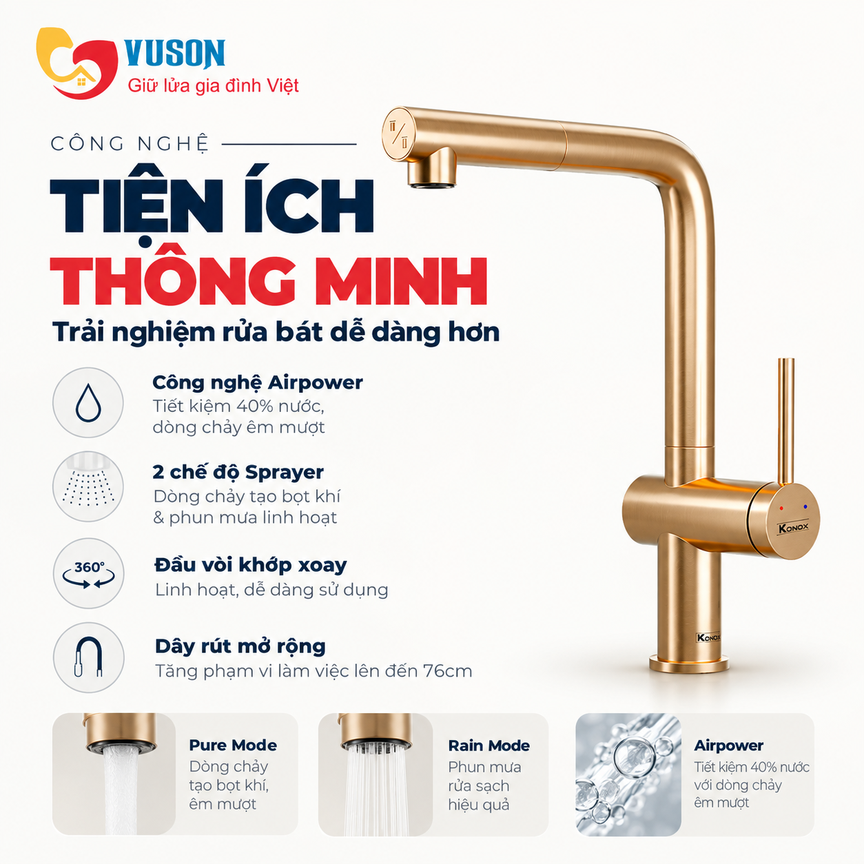 Vòi rửa bát dây rút Konox Stream Smart Champagne